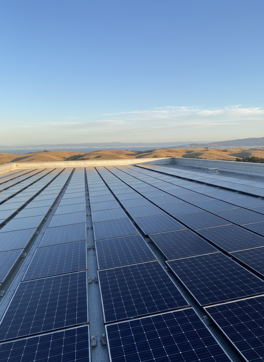 A wide rooftop in Northern California covered with sleek, dark blue monocrystalline solar panels, each panel perfectly aligned in crisp, geometric rows. The roof overlooks a distant view of rolling golden hills and a hint of the Bay. Late afternoon sunlight casts a warm, golden glow, creating subtle reflections on the tempered glass surfaces and soft shadows between the panels. The sky is clear, vibrant blue with a few wispy clouds near the horizon. Captured at a slightly elevated, three-quarter angle with sharp focus throughout, the composition emphasizes order, reliability, and clean energy. The photographic realism and modern, minimal aesthetic convey a professional, trustworthy solar contractor brand.