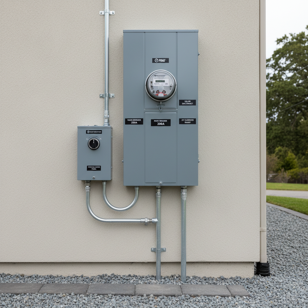 A detailed shot of a modern electrical service panel upgrade on the exterior of a Bay Area home, featuring a new gray metal meter main combo with clear labeling, tidy conduit runs, and a neatly installed backup power transfer switch. The surrounding stucco wall is freshly painted, and the ground below is clean, with crushed gravel. Soft overcast daylight creates even, diffused lighting with minimal glare on the metal surfaces, highlighting every screw, label, and connection. Captured straight-on with moderate depth of field, the photographic composition feels technical yet reassuring, emphasizing safety, modernization, and code-compliant electrical work suitable for solar and future EV charging.