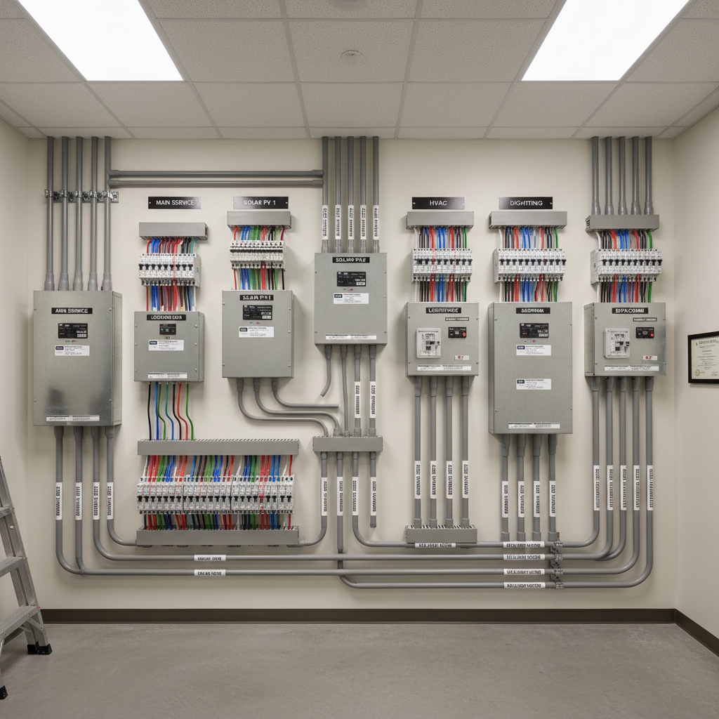 An interior electrical room featuring a meticulously organized array of electrical panels, breakers, and solar combiner boxes mounted on a smooth, off-white wall. Conduits and cables run in perfectly straight, parallel lines, labeled and color-coded for clarity. The room is illuminated by bright, neutral overhead LED lighting that creates a clean, shadow-free environment, emphasizing every detail of the installation. A concrete floor reflects a bit of the light, adding to the sense of order and precision. Shot from a slightly wide-angle, eye-level perspective, the photograph captures the full system layout, conveying safety, professionalism, and high standards typical of a licensed Northern California electrical contractor.