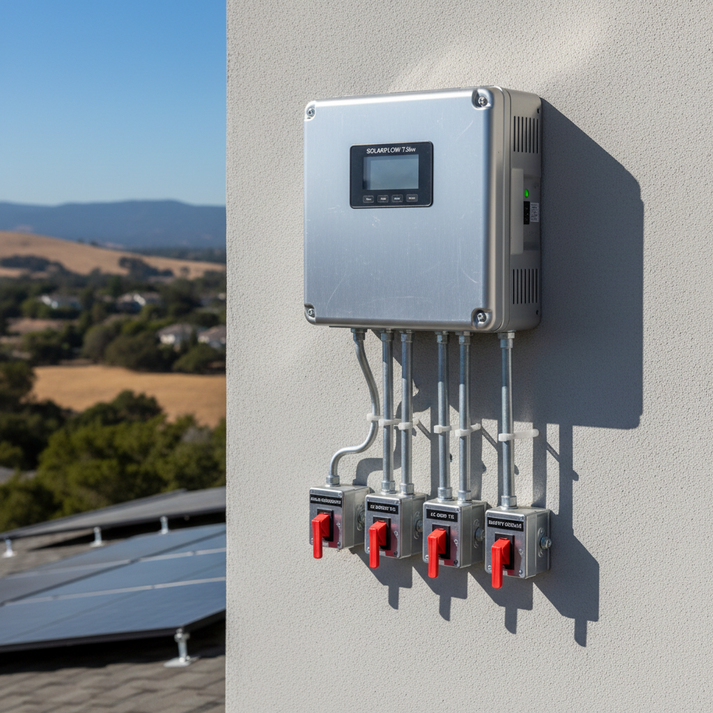 A close-up, highly detailed view of a weatherproof solar inverter mounted on a clean, light gray exterior wall, with neatly organized electrical conduit running vertically and horizontally in precise lines. Sturdy metallic junction boxes and labeled disconnect switches are visible, all aligned and professionally installed. Soft, bright daylight illuminates the scene, creating crisp, natural shadows that emphasize the clean cable management and high-quality components. In the blurred background, the edges of solar panels and a suburban Northern California landscape can be seen. Shot at eye level with a moderate depth of field, the composition feels technical yet approachable, highlighting craftsmanship, safety, and code-compliant electrical work in a realistic, modern style.