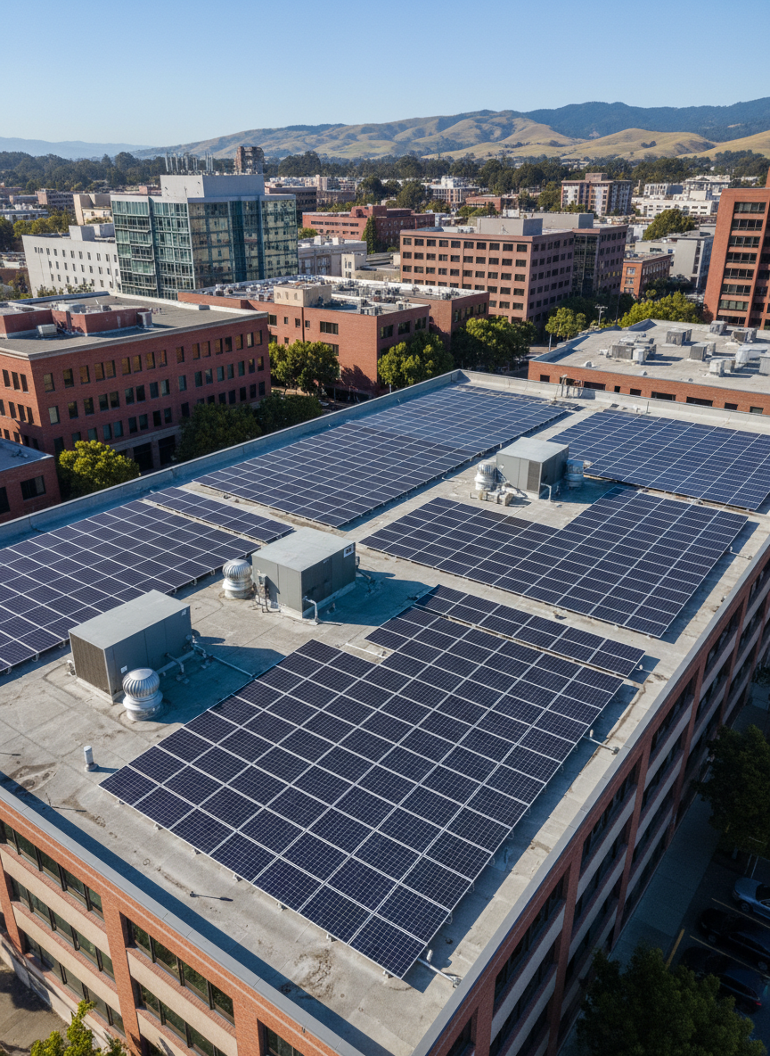 A small commercial building rooftop in the Bay Area, covered with a grid of dark, low-profile solar panels integrated around existing HVAC units and vents, demonstrating careful planning. The roof is surrounded by a mix of mid-rise urban buildings and distant hills under a clear, bright sky. Mid-morning sunlight provides even, neutral lighting with minimal harsh shadows, allowing every panel and rooftop detail to be clearly visible. Captured from a high, slightly diagonal overhead perspective, the composition shows how solar arrays can be optimized within real-world constraints. The photographic realism, clean lines, and balanced framing convey professionalism and expertise in commercial solar design and installation.