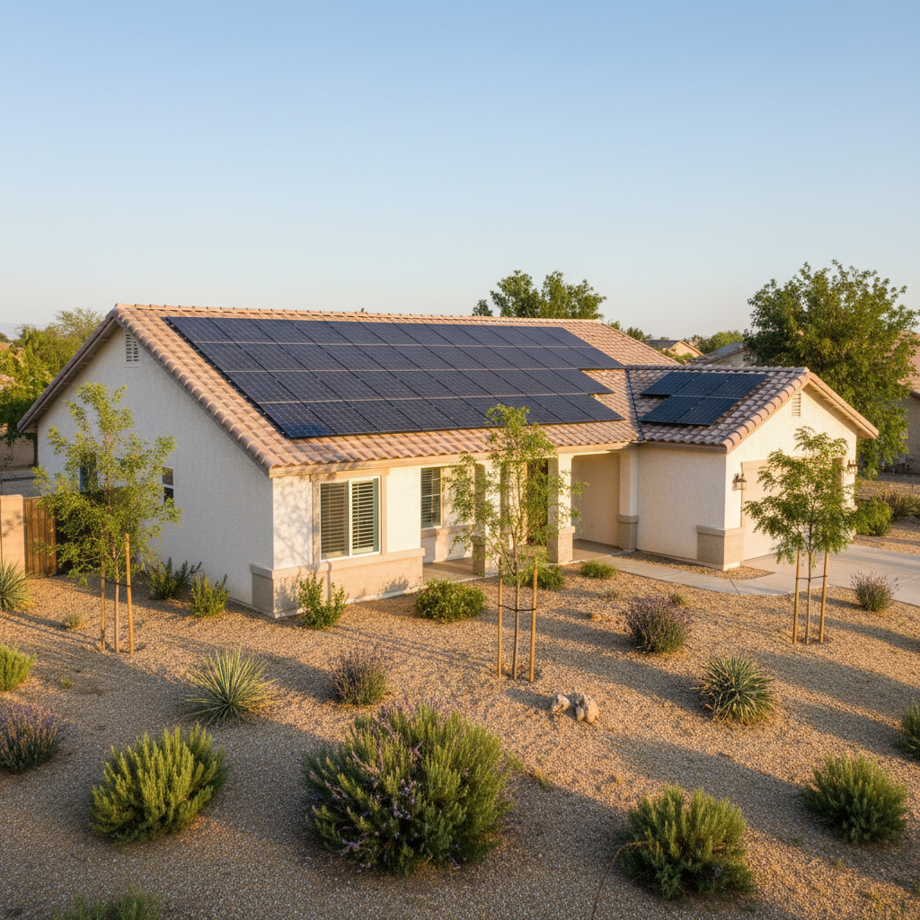 A single-story Central Valley home with a light-colored tile roof, covered in a well-designed array of dark, low-profile solar panels that follow the roof lines neatly. The surrounding yard features drought-tolerant landscaping with gravel, native plants, and a few small trees, under a clear, dry summer sky. Early morning sunlight casts soft, long shadows and a gentle glow on the panels and stucco walls. Captured from a low aerial angle, the composition highlights how solar integrates with typical regional architecture and landscaping. The photographic realism and clean, modern aesthetic create a calm, confident atmosphere, reinforcing the practicality and regional suitability of residential solar installations.